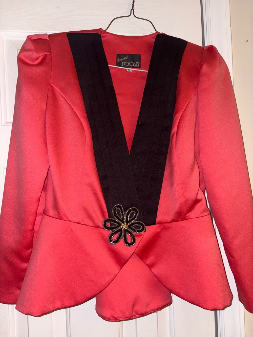 Coral Satin Jacket with Black Trim